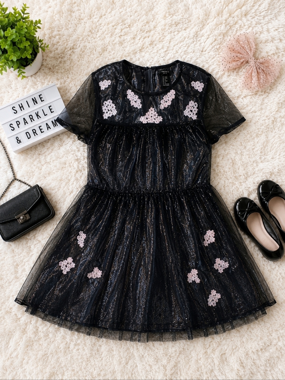 Forever 21 Girls Black Metallic Sparkle Tulle Dress w/Floral Appliqué Size 11/12